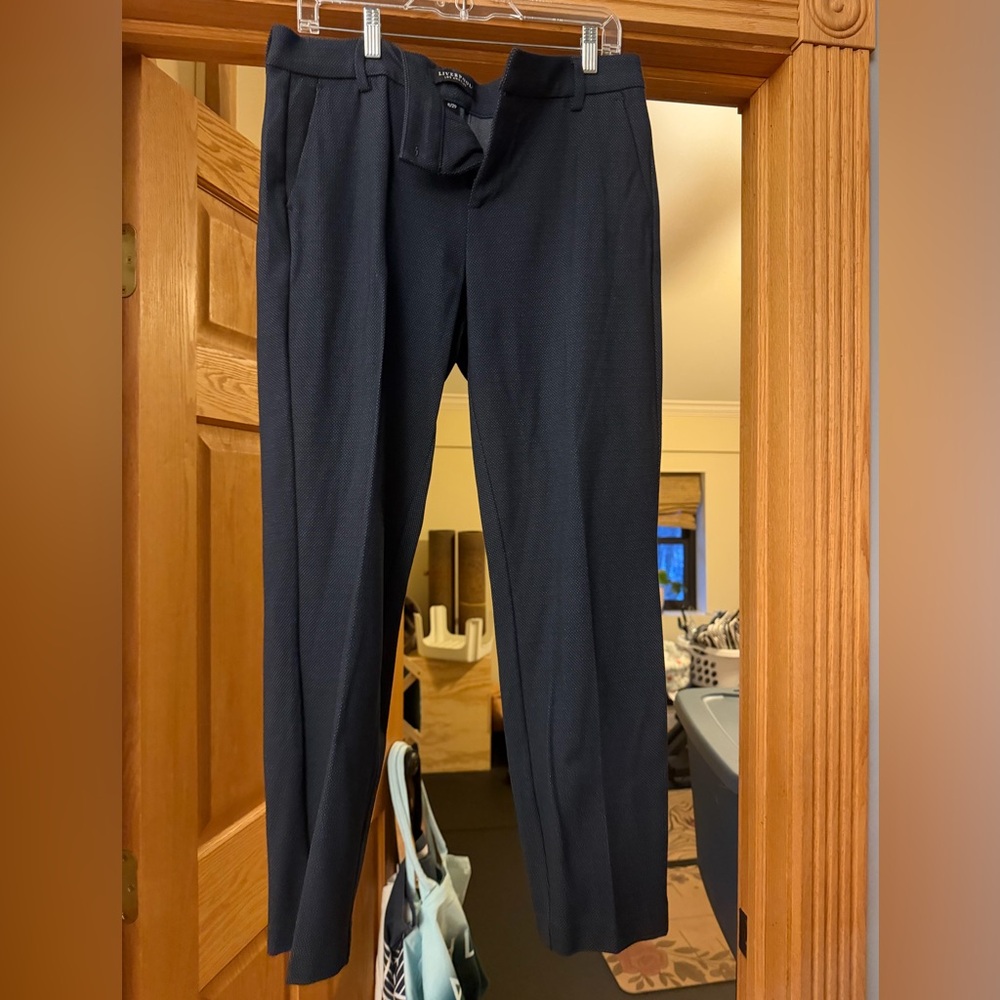 Women’s Liverpool dress pants in navy blue geo pattern